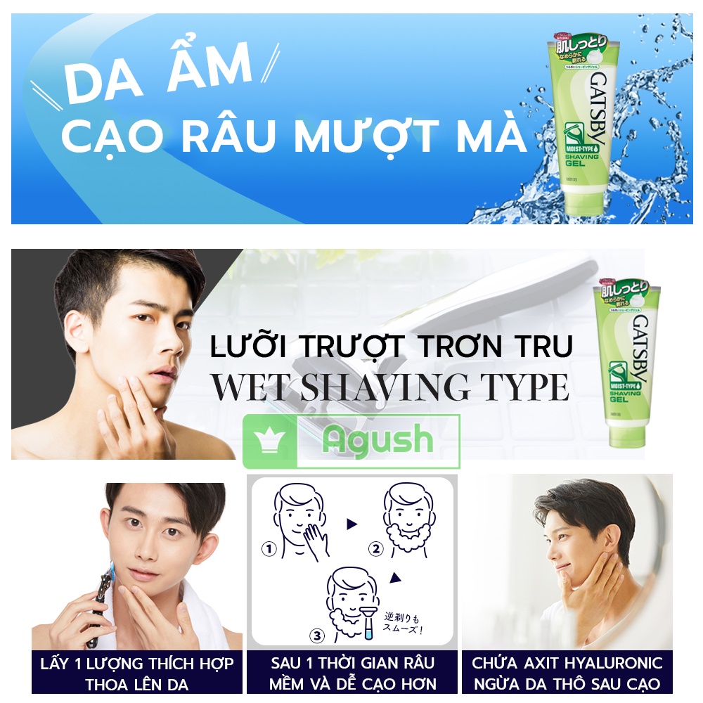 Gel cạo lông vùng kín mặt nách râu chân body Gatsby Moist-Type Shaving Gel 205g cho nam nữ làm mềm lông dưỡng ẩm sau cạo