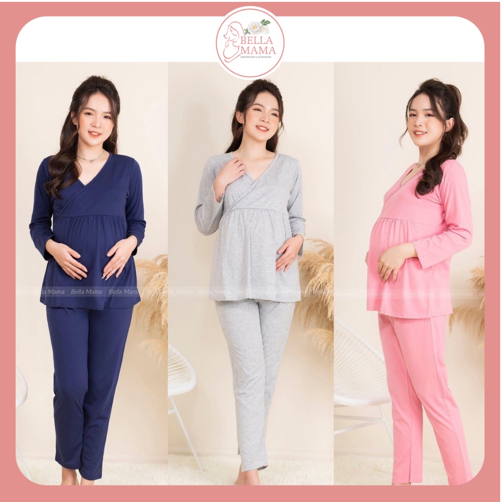 Bộ Bầu Mặc Nhà 100% Cotton Mềm Mại, Đồ Bầu Sau Sinh Có Khóa Mở Cho Con Bú Và Chun Chỉnh Bụng Bella Mama BN1