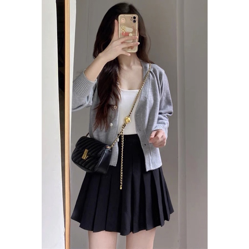 Bộ Áo Cardigan Dệt Kim Cổ Chữ V Phối Nút + Chân Váy Mini Thời Trang Cho