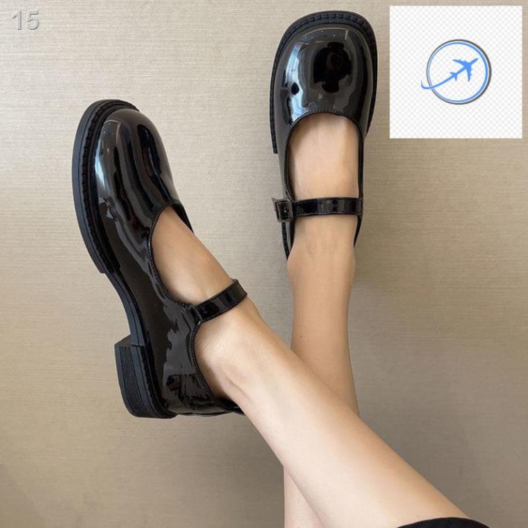 Giày một lớp Mary Jane đế dày cổ điển mẫu mới xuân thu 2021 da gót thô jk khóa ngang mũi tròn nữ kiểu Nhật
