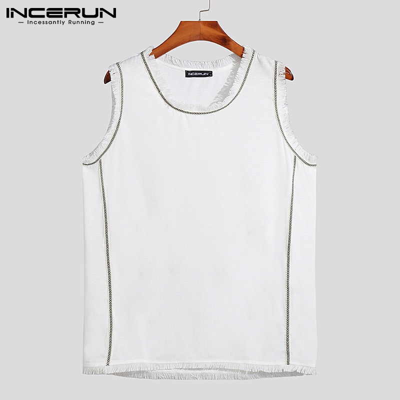 Áo INCERUN ba lỗ dáng rộng màu trơn phối tua rua kích thước S-5XL cho nam