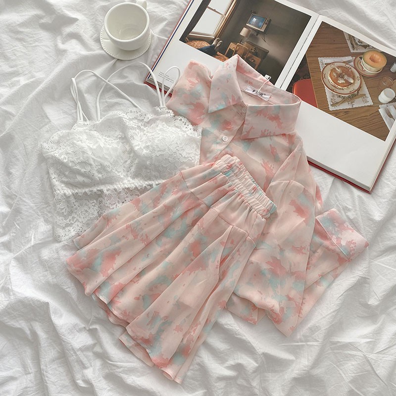 Set áo sơ mi+quần short giả váy 3049