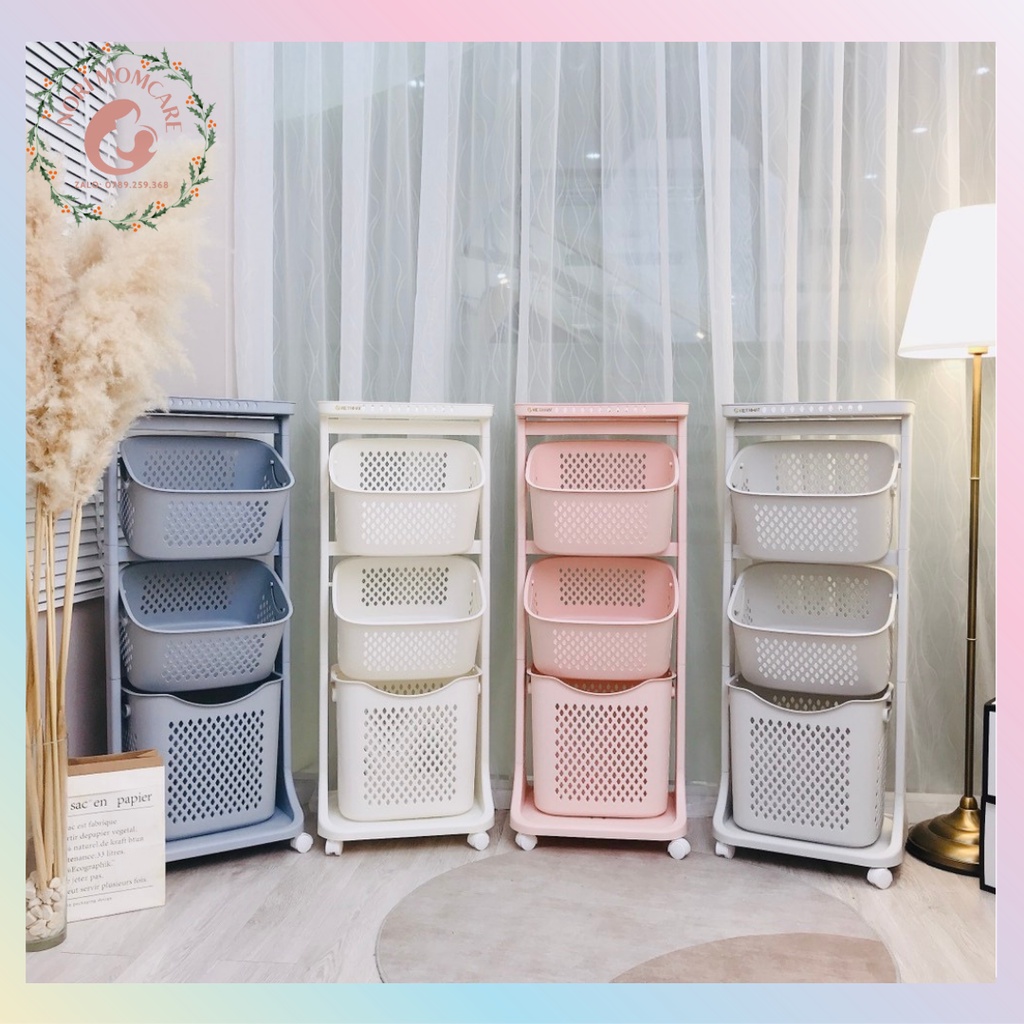 Kệ sọt Việt Nhật 3 tầng có bánh xe đựng đồ bỉm sữa cho bé, đồ dùng gia đình siêu tiện lợi, nhựa PP an toàn