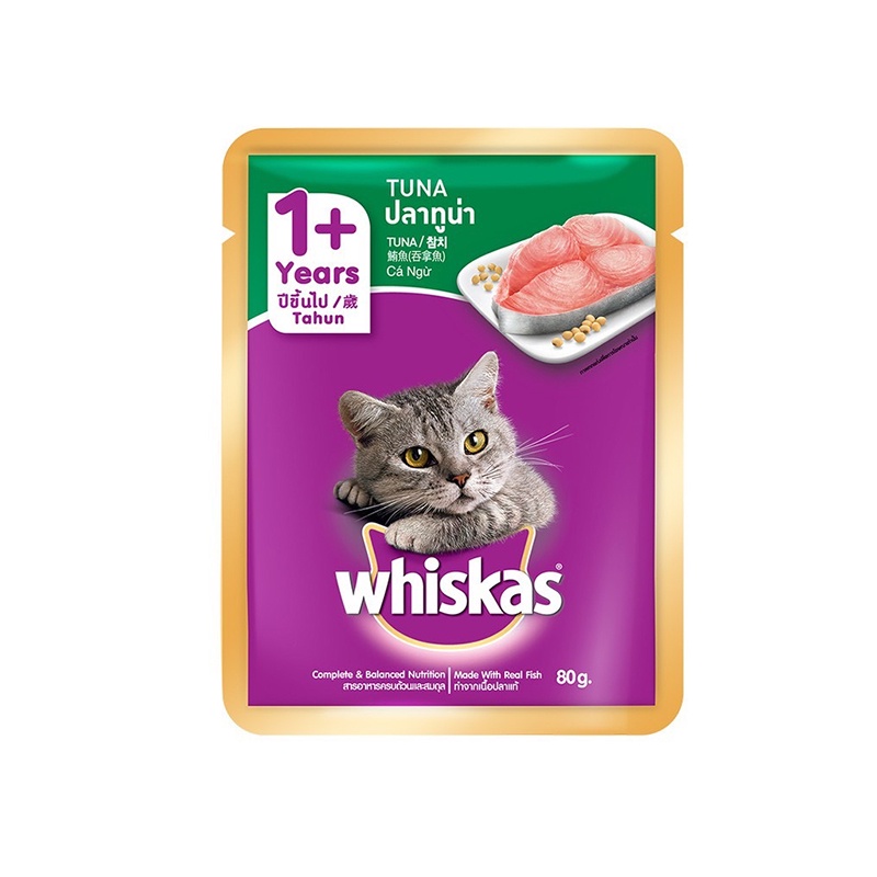 Pate mèo lớn Whiskas 3 vị cá ngừ cá thu cá biển tươi ngon hấp dẫn giàu dinh dưỡng dạng túi 80g