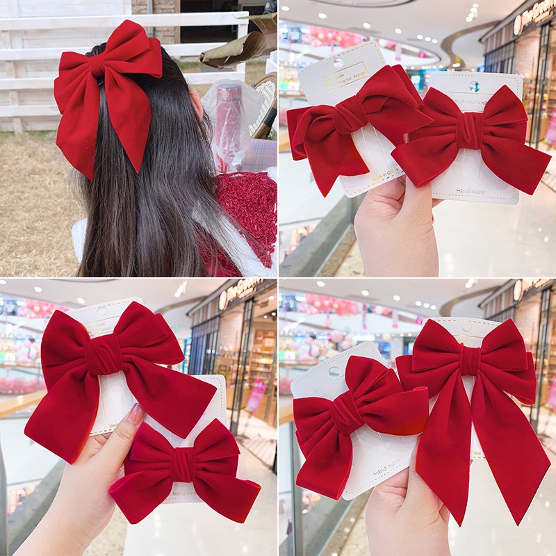 Kẹp tóc đính nơ vải nhung màu đỏ phong cách Trung Hoa thời trang cho nữ