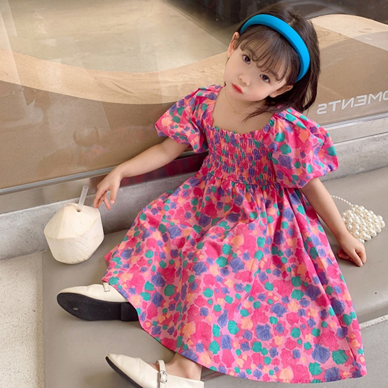 Đầm Công Chúa Tay Phồng Hở Lưng Cổ Vuông In Họa Tiết Hoa Phong Cách Hàn Quốc Dành Cho Bé Gái