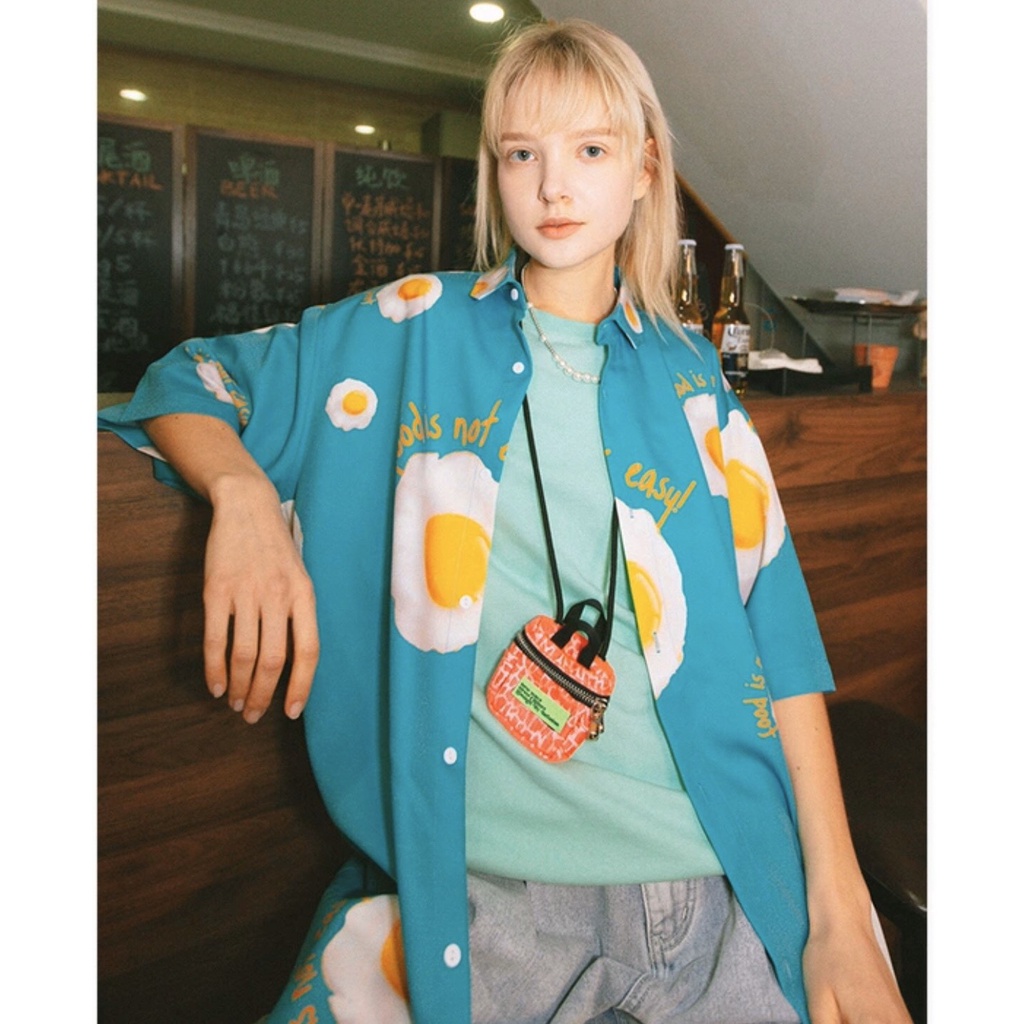 Áo sơ mi họa tiết MEANSTORE nam nữ tay lỡ Oversize form rộng ulzzang cổ pizama không nhăn dáng suông - Xanh mint foood