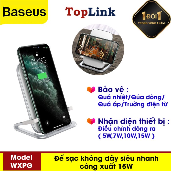 Đế Sạc Nhanh Không Dây Có Giá Đỡ Thương Hiệu Baseus Công Suất 15W, Sạc Đứng, Nằm Ngang - TopLink