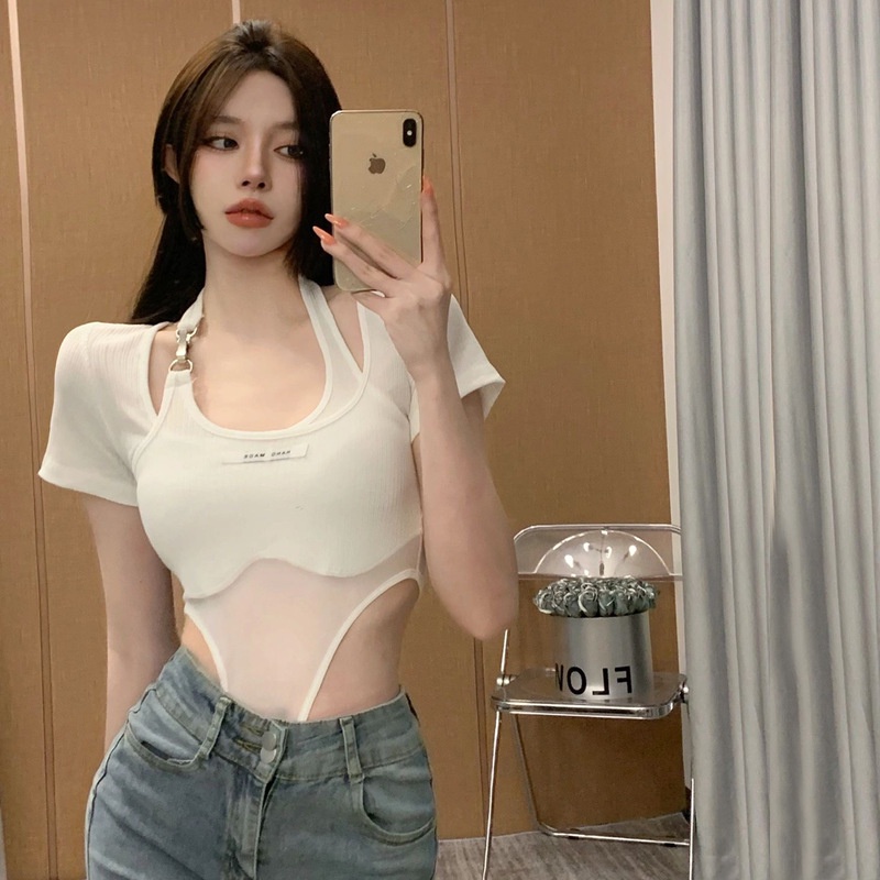 [Augustcloth] Áo tay ngắn khóa cổ khoét eo phong cách Hàn Quốc