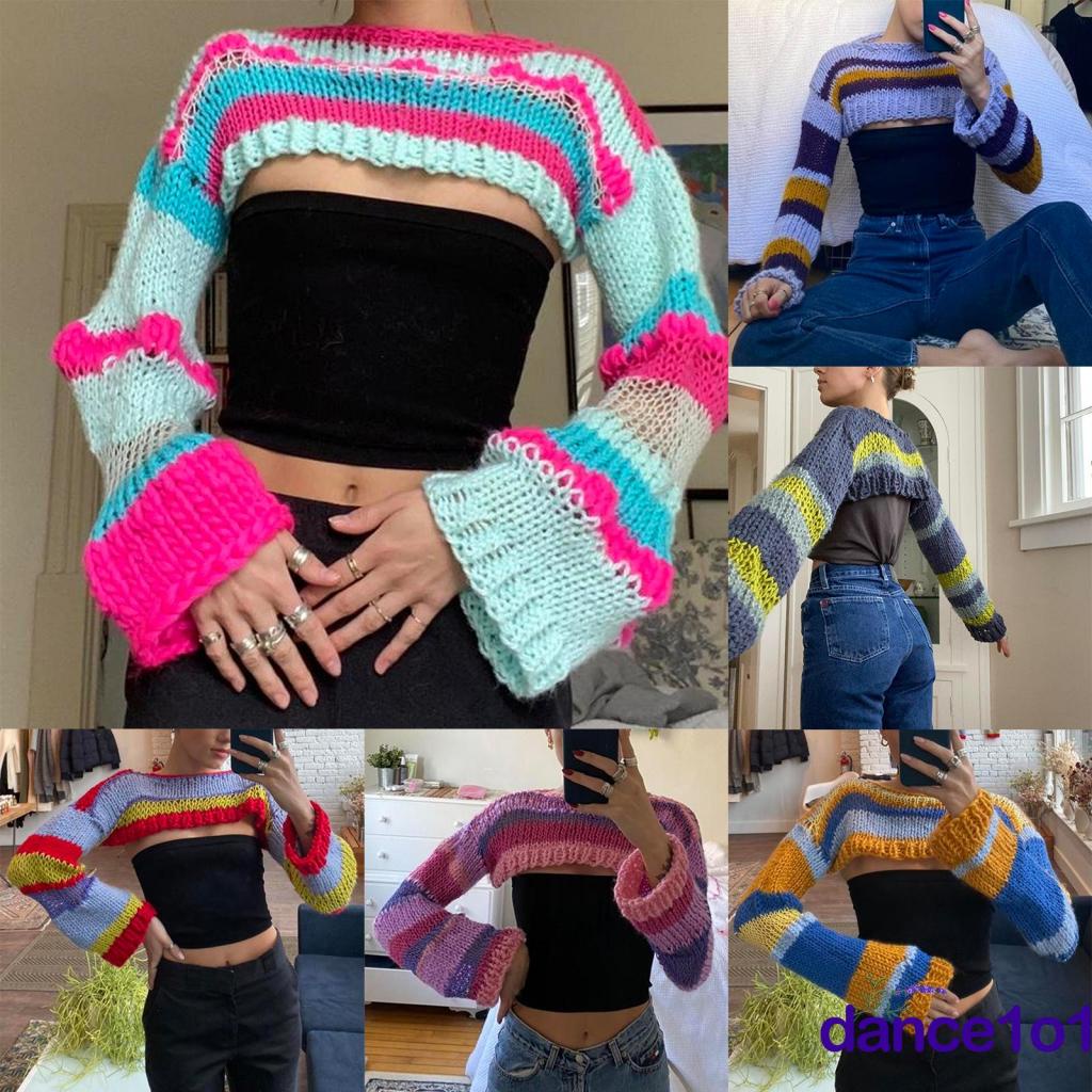 Áo Dệt Kim Tay Dài Họa Tiết Kẻ Sọc Màu Tương Phản Thời Trang Cho Nữ 1O1-