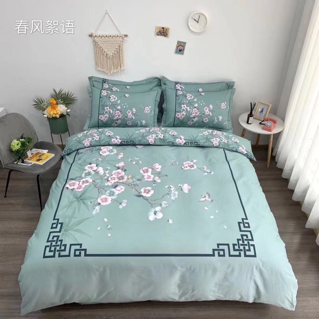 Bộ Chăn Ga Gối Cotton Hàn 100% Hình Hoa 3 Cánh (Không kèm ruột bên trong)