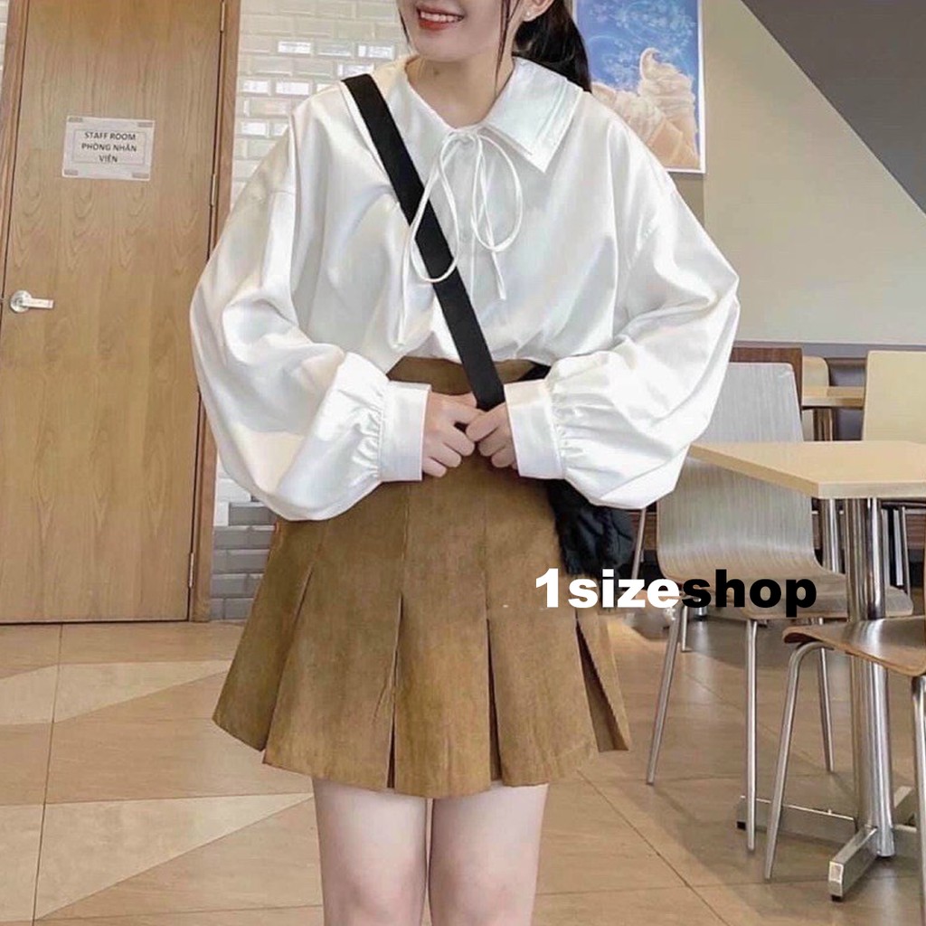 Áo sơ mi nữ cổ PETET thắt nơ dài tay form rộng màu trắng trơn 1sizeshop
