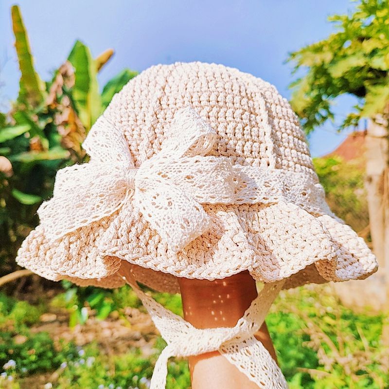 Mũ Nón Nơ Tiểu Thư Có Dây Cột Cho Bé Gái