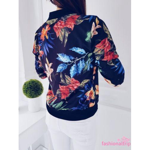 ì _ íFashion Womens Ladies Retro Floral Zipper Up Bomber Jacket Casual Coat Outwear