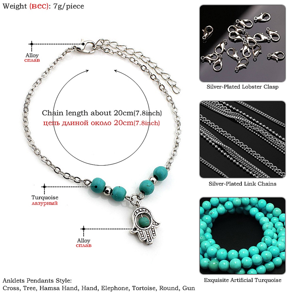 Lắc Chân Mặt Hình Bàn Tay Fatima/Cá Heo Đính Đá Ngọc Lam Phong Cách Bohemian Đi Biển Cho Nữ