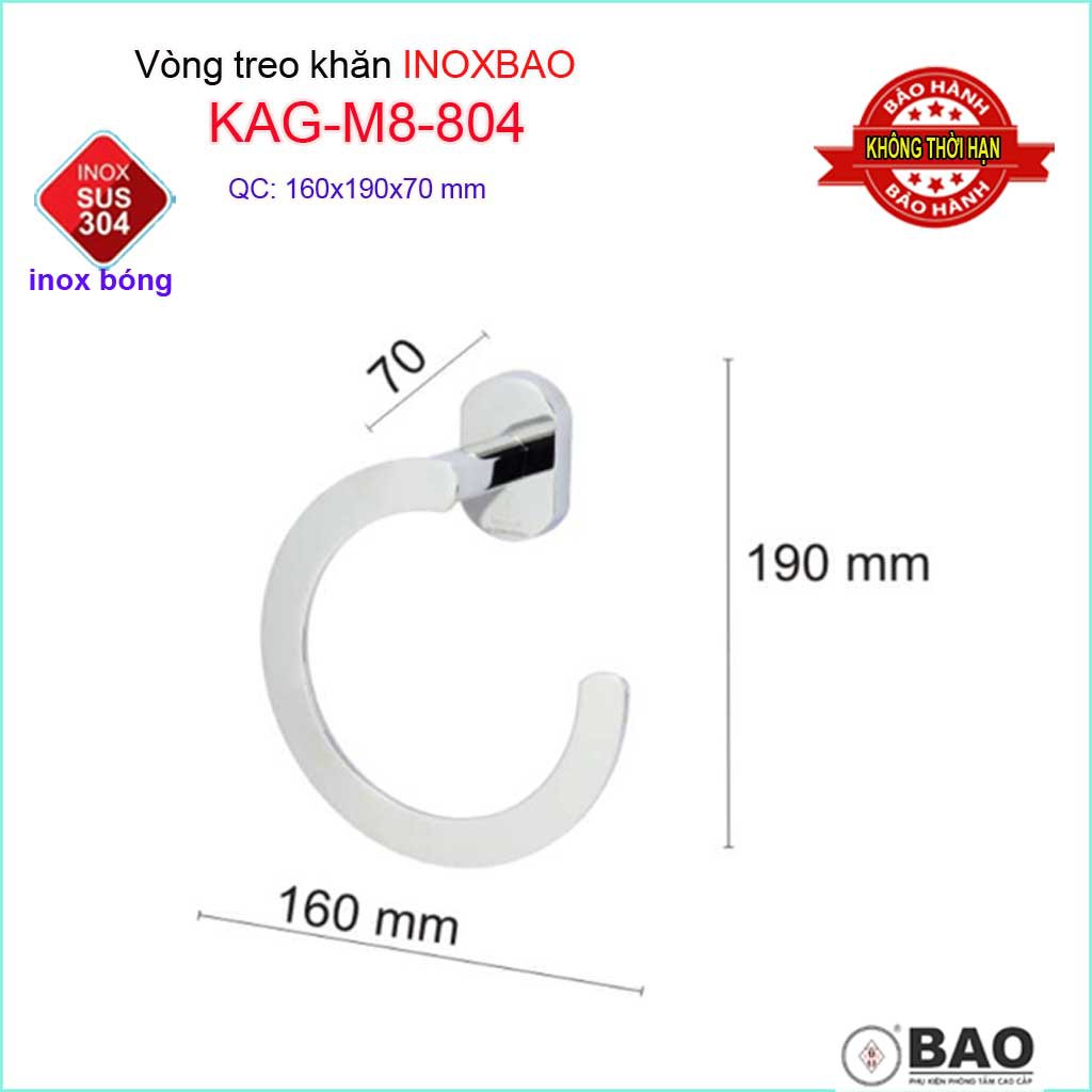 Vòng treo khăn Inox Bảo KAG-M8-804, máng treo khăn khô bồn tắm đứng SUS304 dập khuôn thiết kế tuyệt đẹp tiện dụng