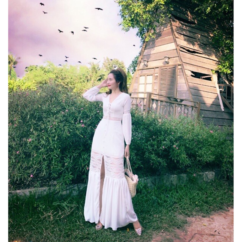 Đầm dự tiệc maxi trắng phối ren dáng dài siêu đẹp MSP021 chất liệu Chiffon
