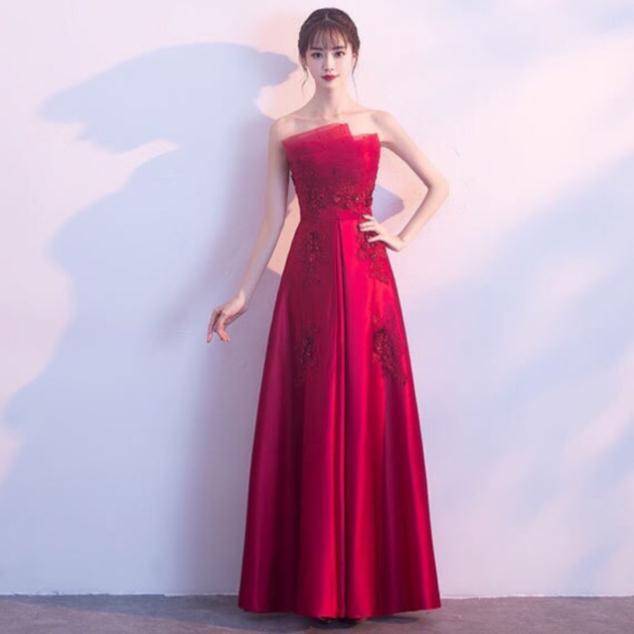 Đầm maxi dự tiệc mặc cưới cúp ngực xếp ly phối hoa ren thêu nổi - size M/L (có ảnh/video thật) MS130Y