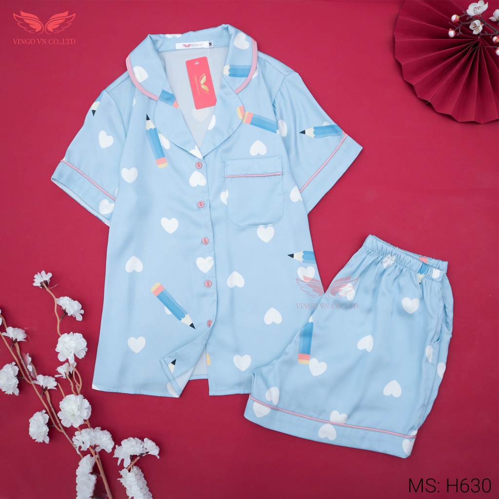Đồ bộ nữ mặc nhà Pijama VINGO Lụa Pháp cao cấp tay ngắn quần cộc họa tiết bút chì hồng phối xanh mùa Hè H630 VNGO
