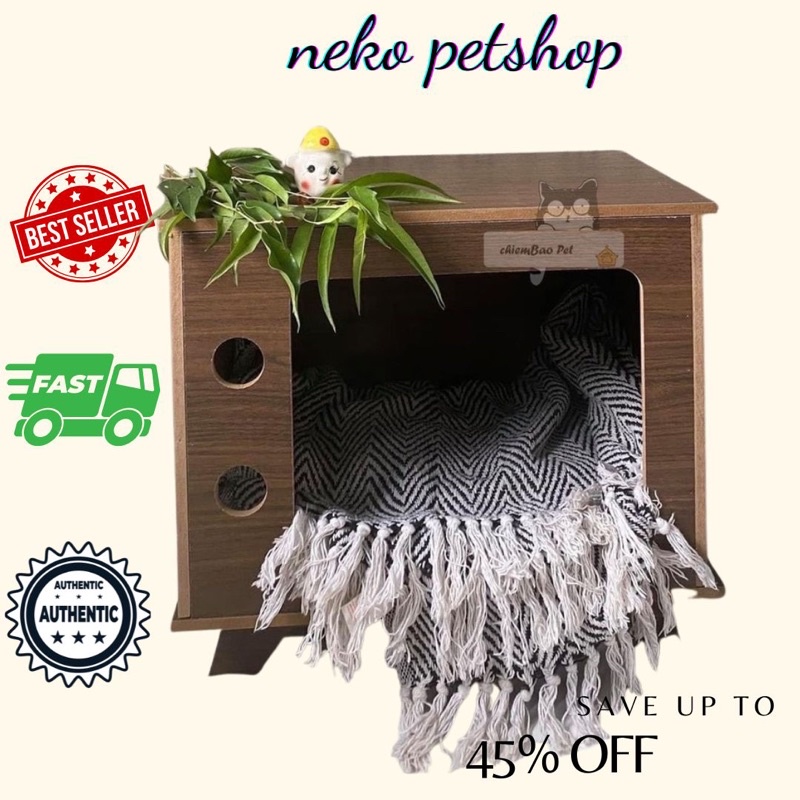 nhà gỗ cho mèo - ổ mèo bằng gỗ- đệm gỗ