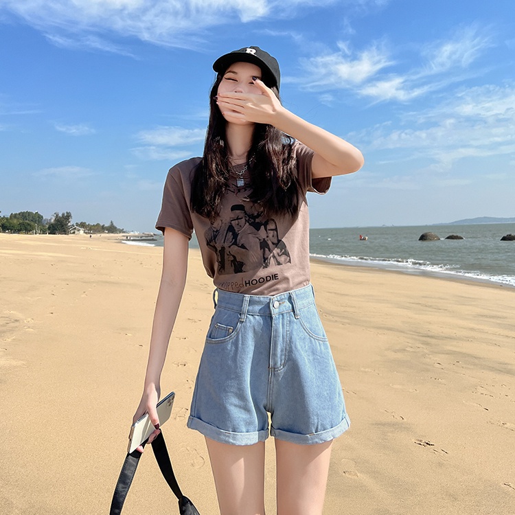 Quần Short Denim Lưng Cao Phong Cách Hàn Quốc Đơn Giản Dành Cho Nữ