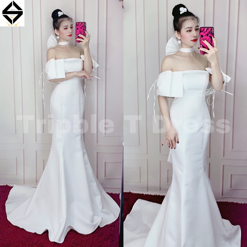 Đầm body maxi mặc cưới phối phụ kiện nơ tay và cổ đi kèm TRIPBLE T DRESS - size S/M/L - MS196Y