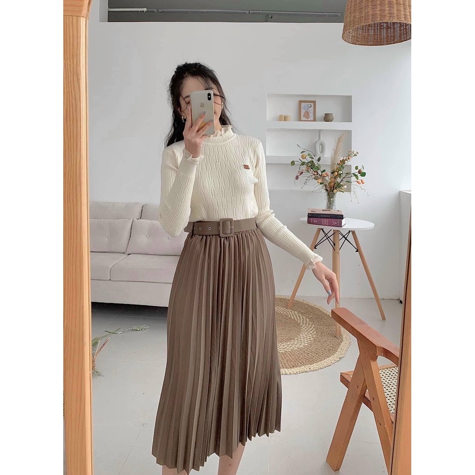 Chân Váy Lệch Vạt Dập Ly, Cạp Cao Co Dãn Ella