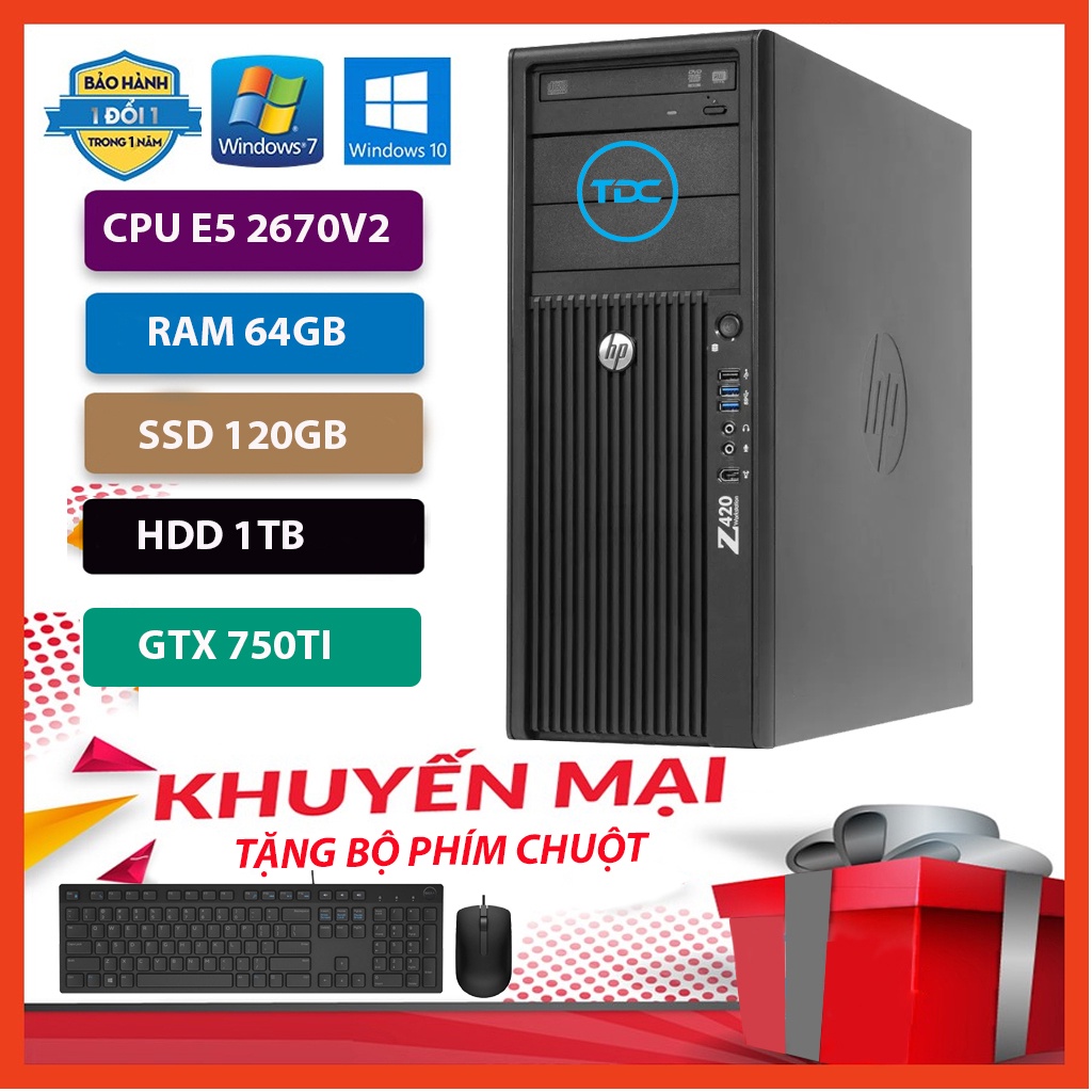 Máy Trạm HP Z420 Chuyên Đồ Họa/Game Nặng CPU E5 2670 V2 Ram 64GB,SSD 120GB,HDD 1TB,Card Rời GTX 750TI+Qùa Tặng