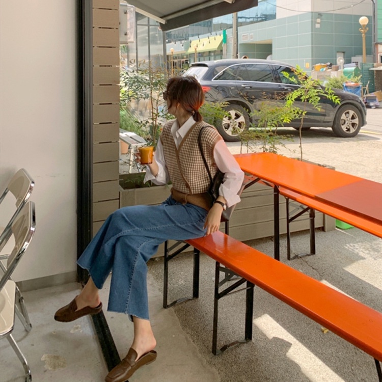 Áo gile kẻ caro phối cúc Forgirl kiểu dáng Hàn Quốc hiện đại
