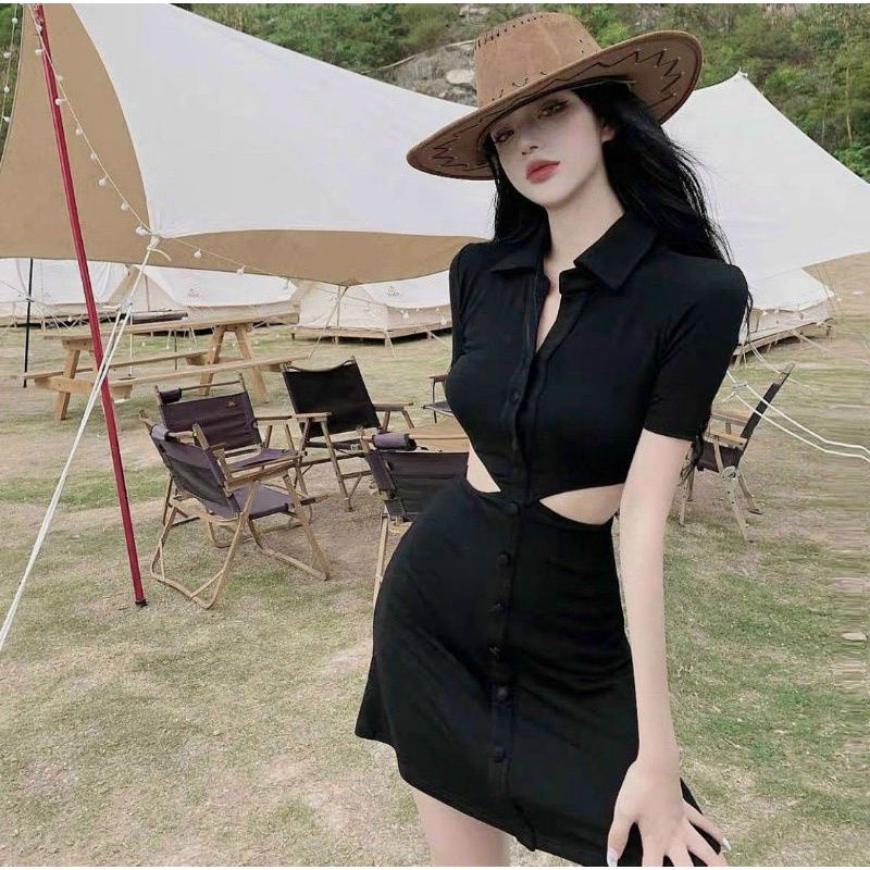 ĐẦM BODY CỔ TRỤ KHOÉT EO NÚT GÀI CÁ TÍNH BIGSIZE