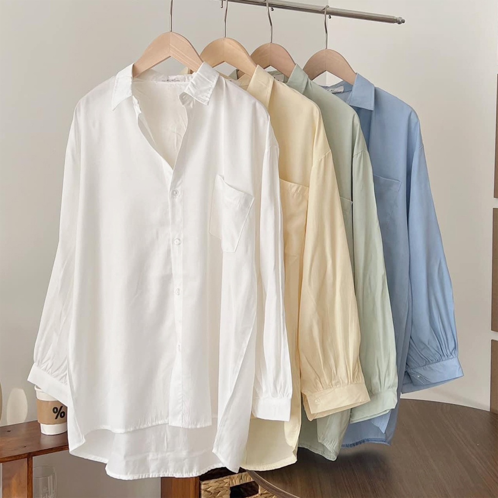 Áo sơ mi Hàn Quốc dáng rộng chất lụa nhiều màu tay xếp ly Ulzzang - Ảnh thật