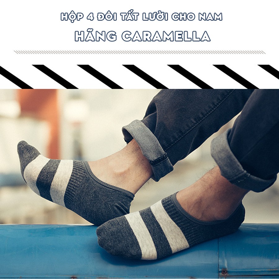 Bộ 4 đôi tất lười vớ lười cho nam màu đen hãng Caramella chất liệu cotton khử mùi kháng khuẩn chống hôi chân 53464