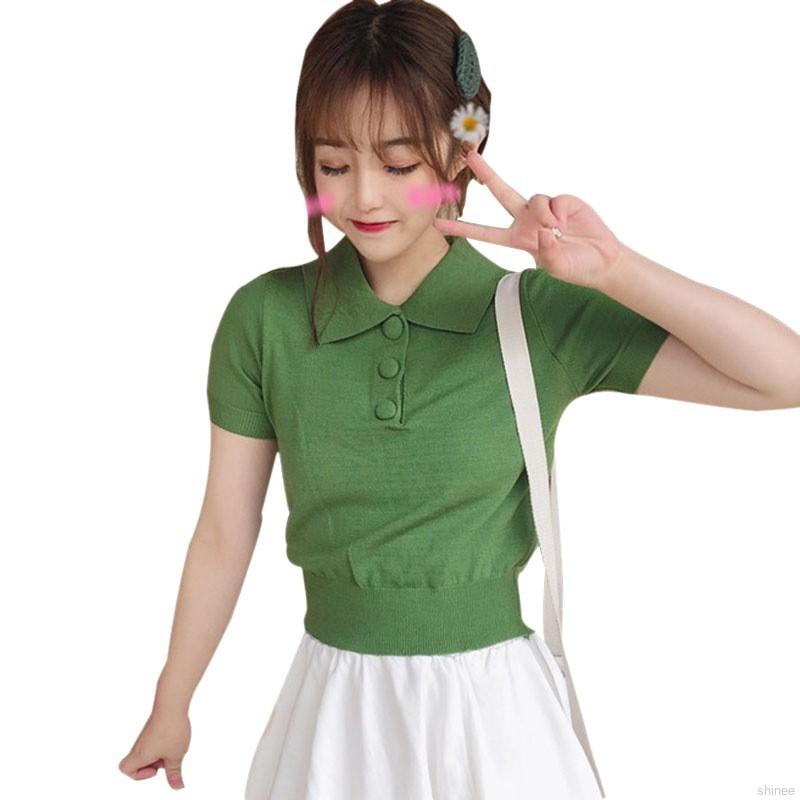 Áo thun polo nữ dệt kim tay ngắn màu kẹo ngọt | BigBuy360 - bigbuy360.vn