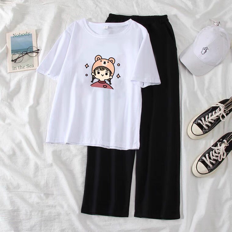 Sét Áo Bé mũ gấu + quần suông trơn, Áo thun from rộng, Chất đẹp không xù, quần suông ống rộng, Sét bộ mặc ở nhà - MODY