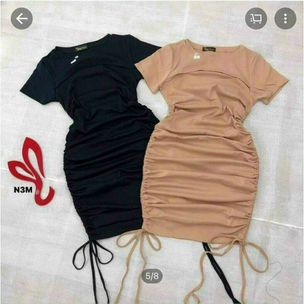 Đầm body tay ngắn cổ tròn cắt ngực rút dây 2 bên xinh sexy ly