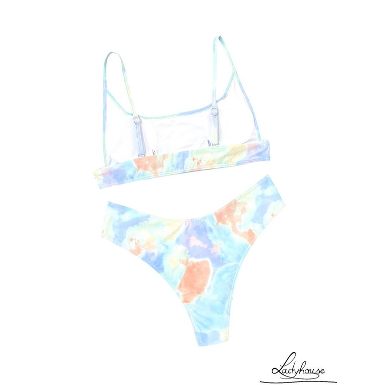LD-Ladies Summer Split Swimwear Set, Adults Women Tie-dye Mixed Color Tank Top Type Sexy Backless Bikini Swimsuit