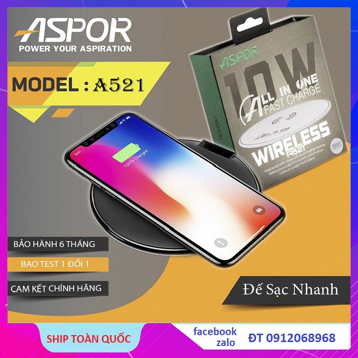 Sạc Không Dây, Đế Sạc Không Dây ASPOR PowerPort QI 10W A251 Chính Hãng Bảo Hành  6 Tháng