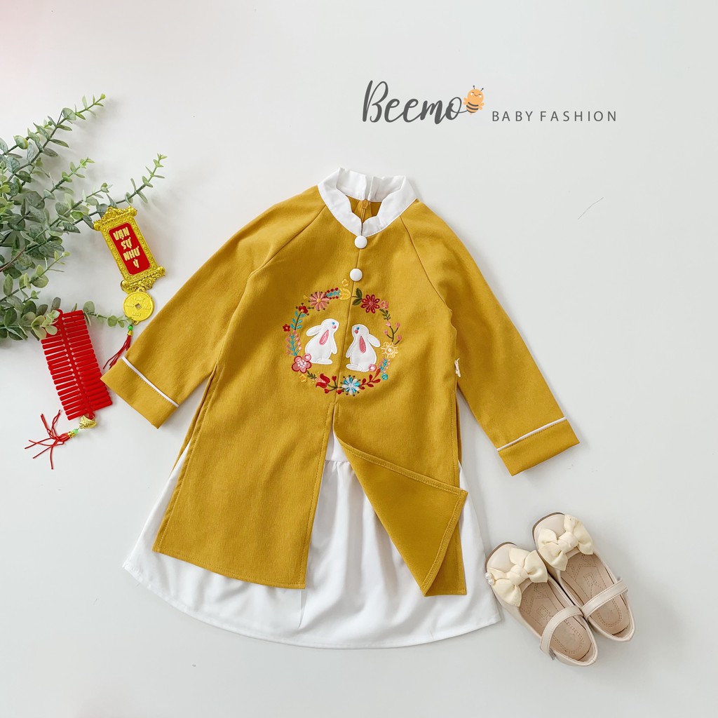 Set áo dài Tết cho bé gái Beemo - Chất liệu nhung chéo mềm mịn, họa tiết hình thêu thỏ ngọc đáng yêu B084