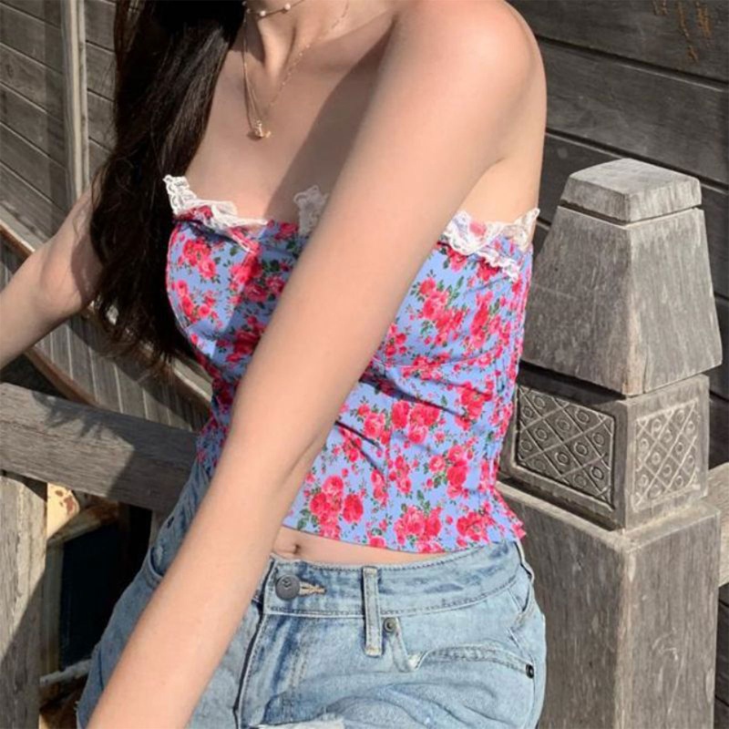Áo Croptop Hai Dây Phối Ren Hoa Phong Cách Pháp Gợi Cảm Cho Nữ