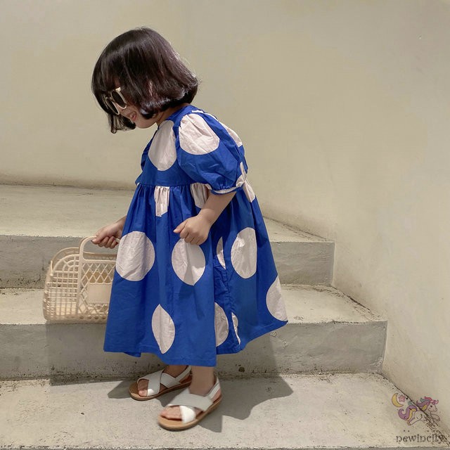 Đầm Công Chúa Cổ Tròn Họa Tiết Chấm Bi Phong Cách Hàn Quốc Đáng Yêu Cho Bé Gái