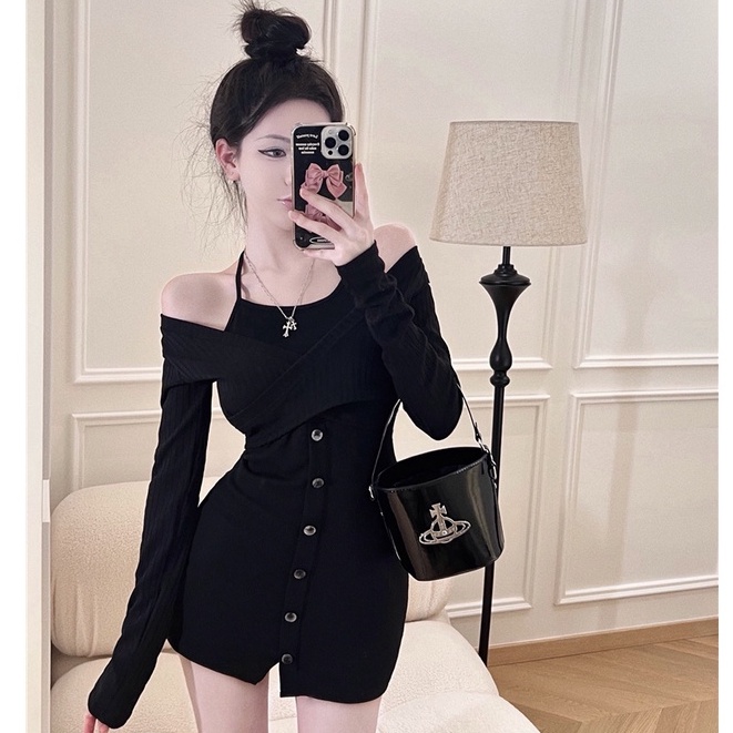 Đầm Dệt Kim Tay Dài Ôm Hông Một Hàng Khuy Màu Đen Phong Cách Hàn Quốc Quyến Rũ Thời Trang Mùa Thu Mới Dành Cho Bạn Nữ