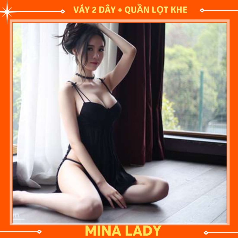 Đầm ngủ sexy nâng ngực chấm bi nhỏ, dáng xẻ vạt ( SEXY XẺ VẠT ĐỆM- ĐEN)