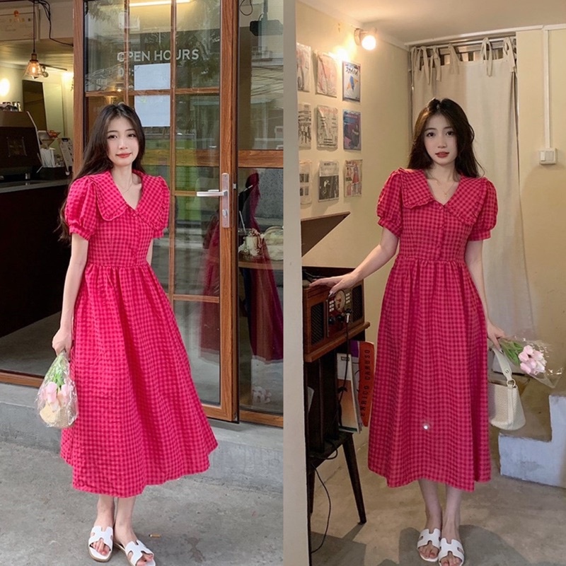 Váy Babydoll Kẻ Hồng Dáng Dài Siêu Xinh