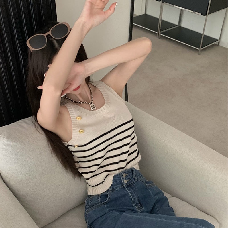 Áo hai dây ZHELIHANGFEI dệt kim họa tiết kẻ sọc phong cách quyến rũ