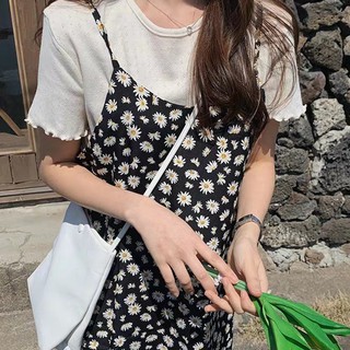 MỚI [SALE ] -  SET YẾM DÂY HOA CÚC : ÁO THUN TRẮNG MIX VÁY 2 DÂY HOA CÚC MAXI ĐEN VNXK HOT