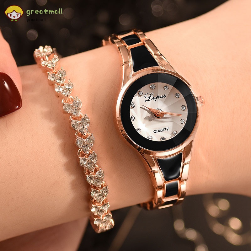 Bộ đồng hồ quartz và vòng đeo tay bằng hợp kim mỏng sáng bóng có hộp đựng dành cho nữ