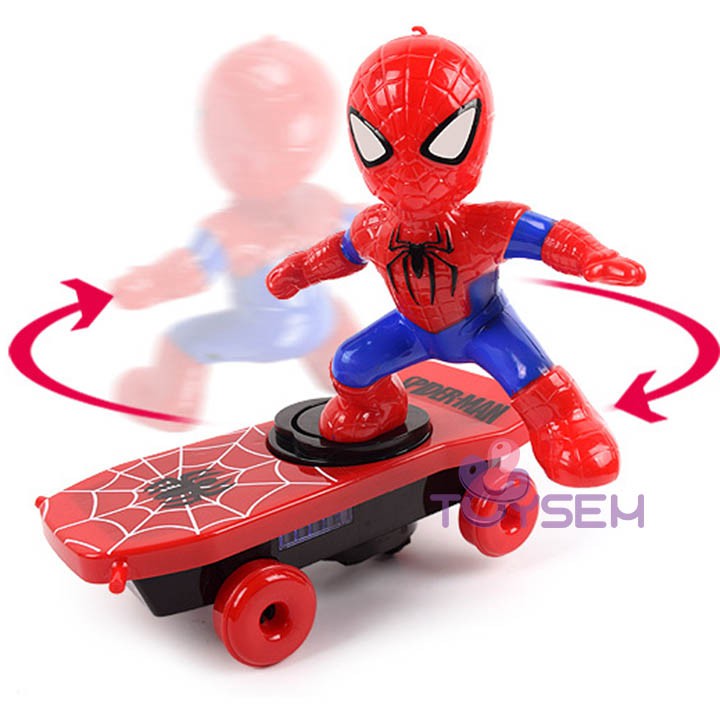 Đồ chơi người nhện lướt ván có đèn và nhạc xoay 360 độ toysem spiderman - Quà tặng sinh nhật cho bé