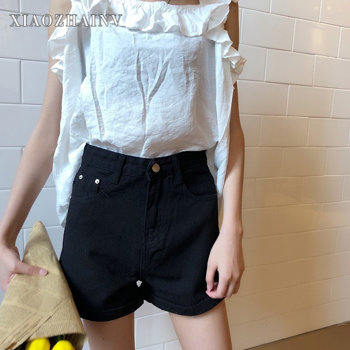 Xiaozhainv Quần short denim lưng cao theo phong cách retro | BigBuy360 - bigbuy360.vn