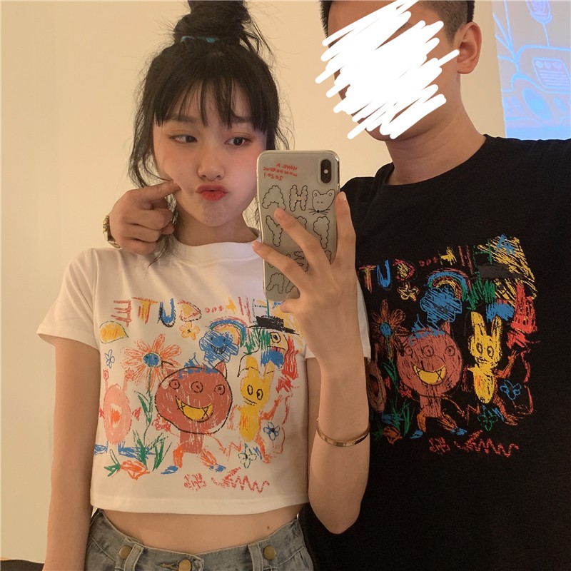 ORDER Áo phông cổ tròn tay ngắn croptop cặp đôi in chữ vui nhộn mỏng phiên bản Hàn Quốc