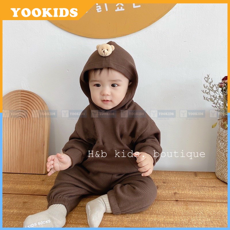 Bộ thu đông cho bé YOOKIDS kèm mũ chụp gấu chất đũi xốp mềm mịn, Bộ dài tay cho bé trai bé gái 1 2 3 4 5 tuổi